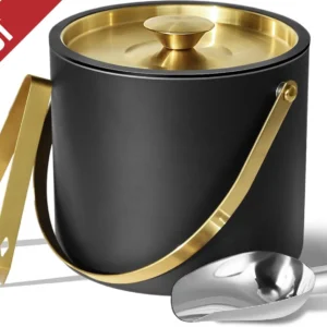 3L Ice Bucket With Silicone Lid, Scoop, Gold Tongs & Strainer,