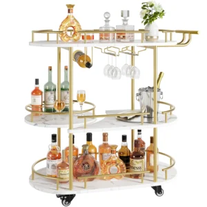 Gold Bar Carts with 4-Tiers Storage Shelves Mobile Bar Seving Carts