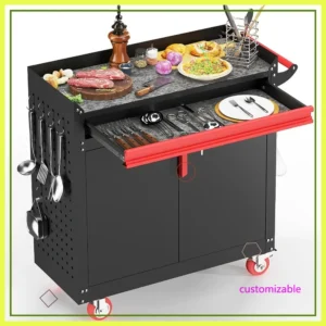 Outdoor Grill Cart with Storage, Metal BBQ Table for Kitchen Prep & Patio